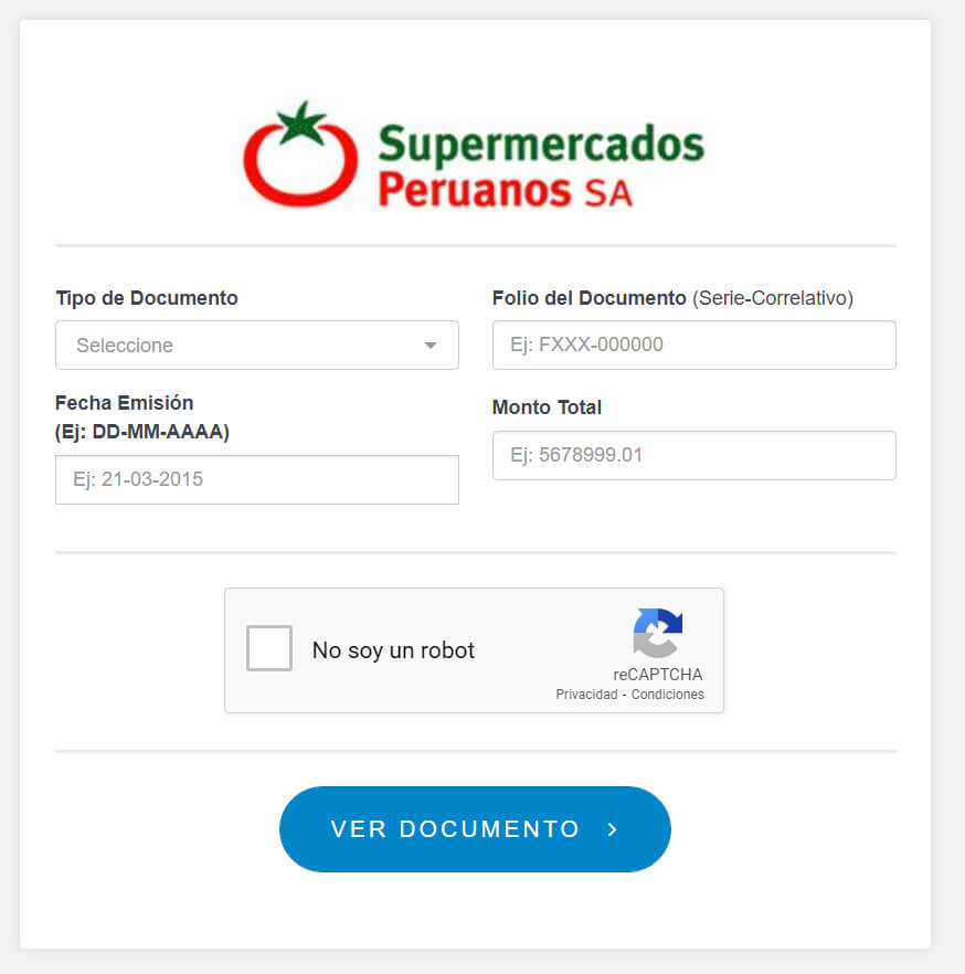 Página de consulta de documento de supermercados peruanos SA