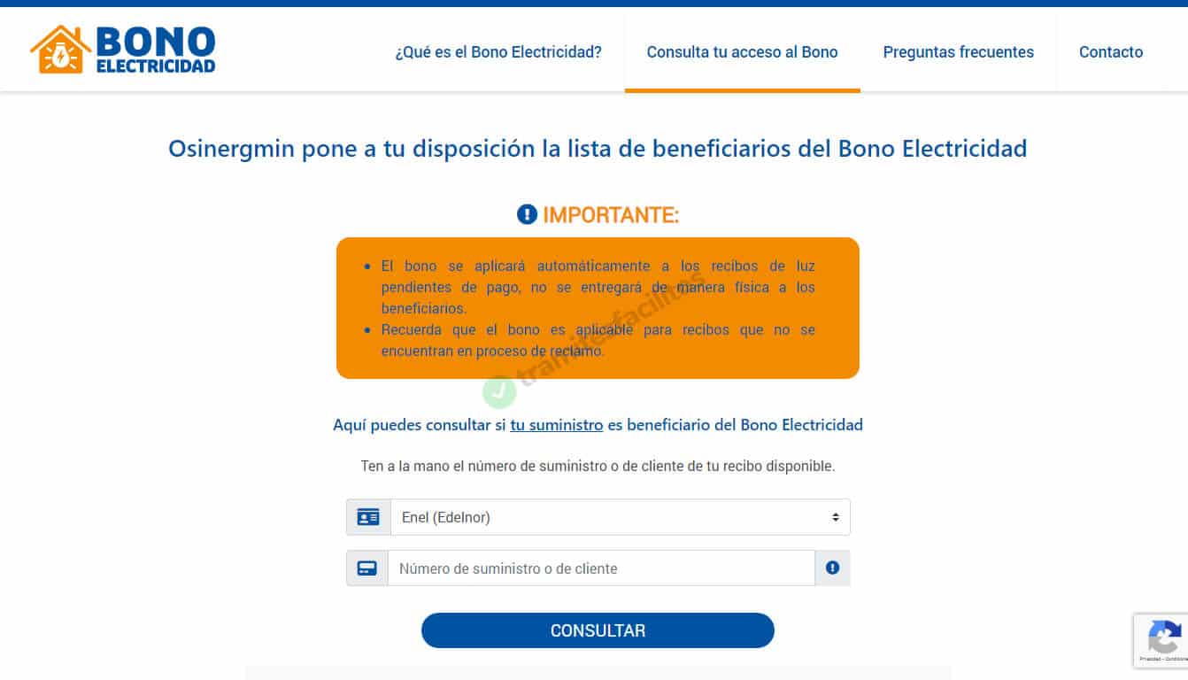 Página web del bono de electricidad de Perú